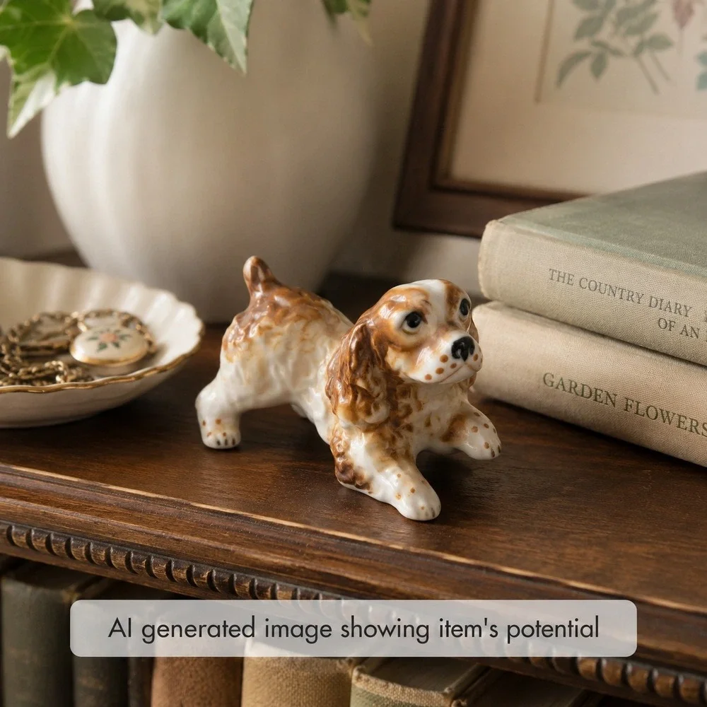 Glossy‎ Brown & White Spaniel Dog Figurine Play Stance 2 Inch Ceramic Puppy